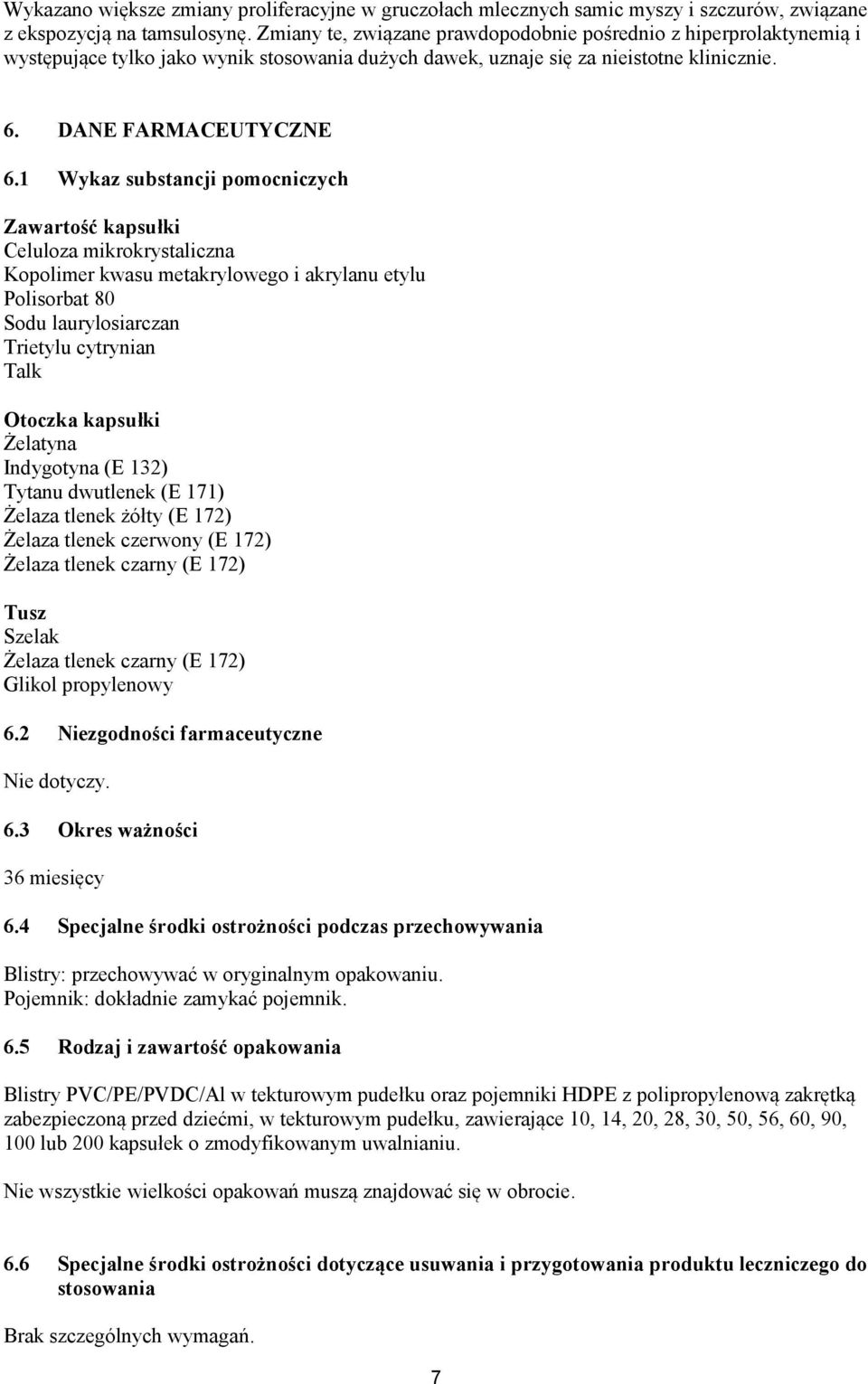 1 Wykaz substancji pomocniczych Zawartość kapsułki Celuloza mikrokrystaliczna Kopolimer kwasu metakrylowego i akrylanu etylu Polisorbat 80 Sodu laurylosiarczan Trietylu cytrynian Talk Otoczka