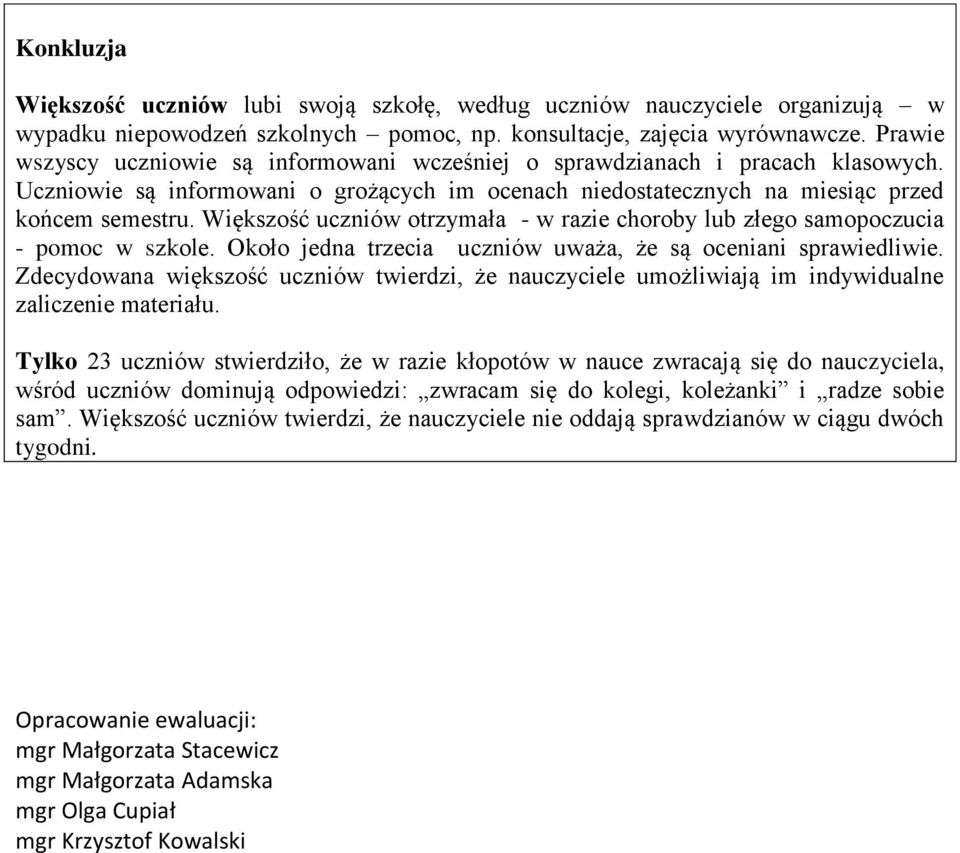 Większość uczniów otrzymała - w razie choroby lub złego samopoczucia - pomoc w szkole. Około jedna trzecia uczniów uważa, że są oceniani sprawiedliwie.