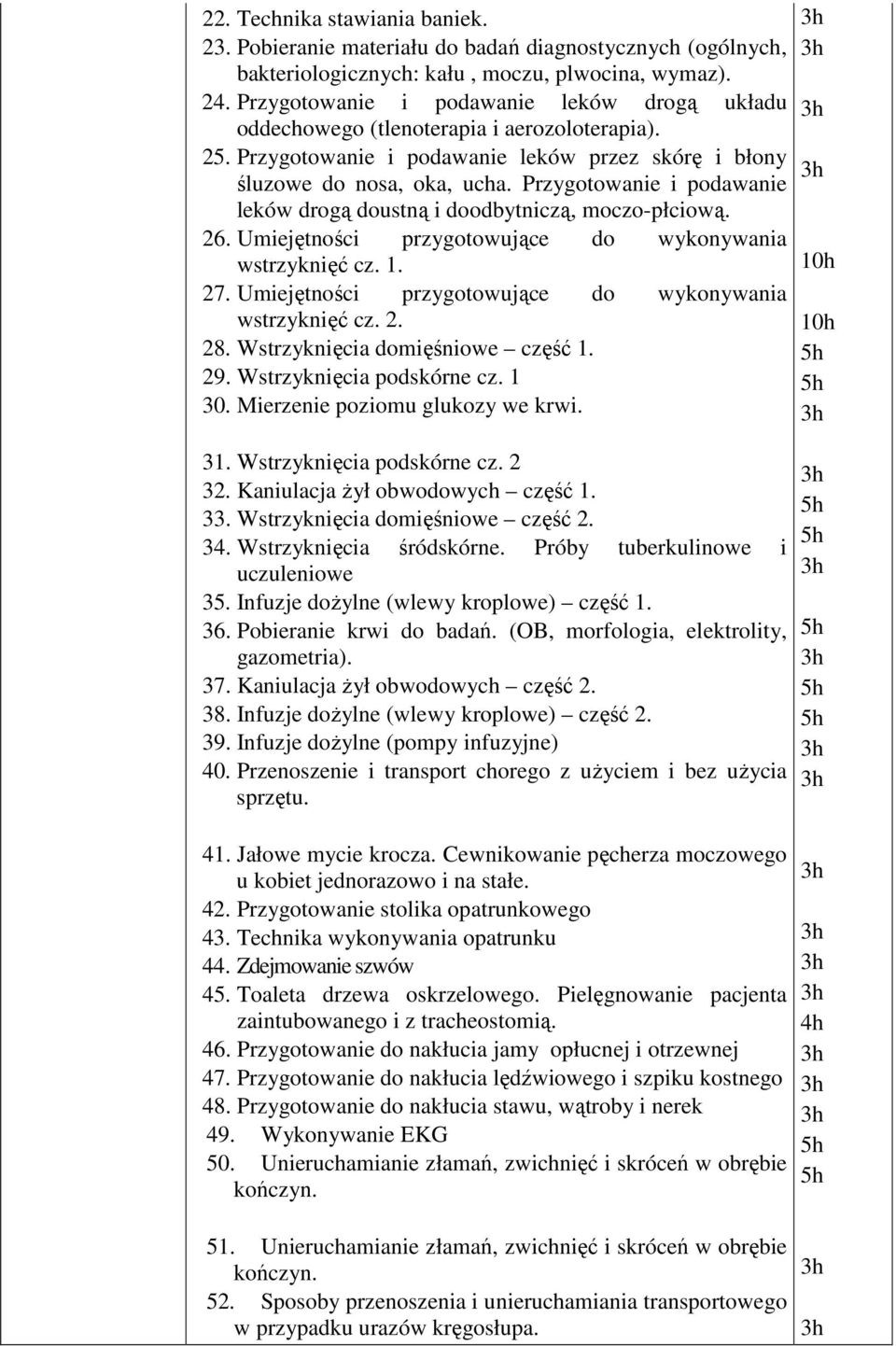Przygotowanie i podawanie leków drogą doustną i doodbytniczą, moczo-płciową. 26. Umiejętności przygotowujące do wykonywania wstrzyknięć cz. 1. 27.