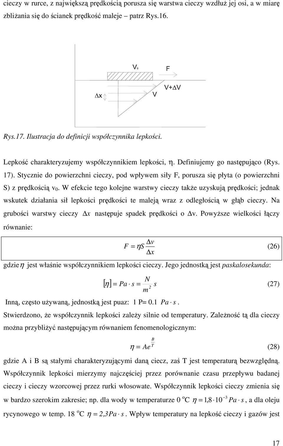 Stycznie do powierzchni cieczy, pod wpływem siły F, porusza się płyta (o powierzchni S) z prędkością v 0.