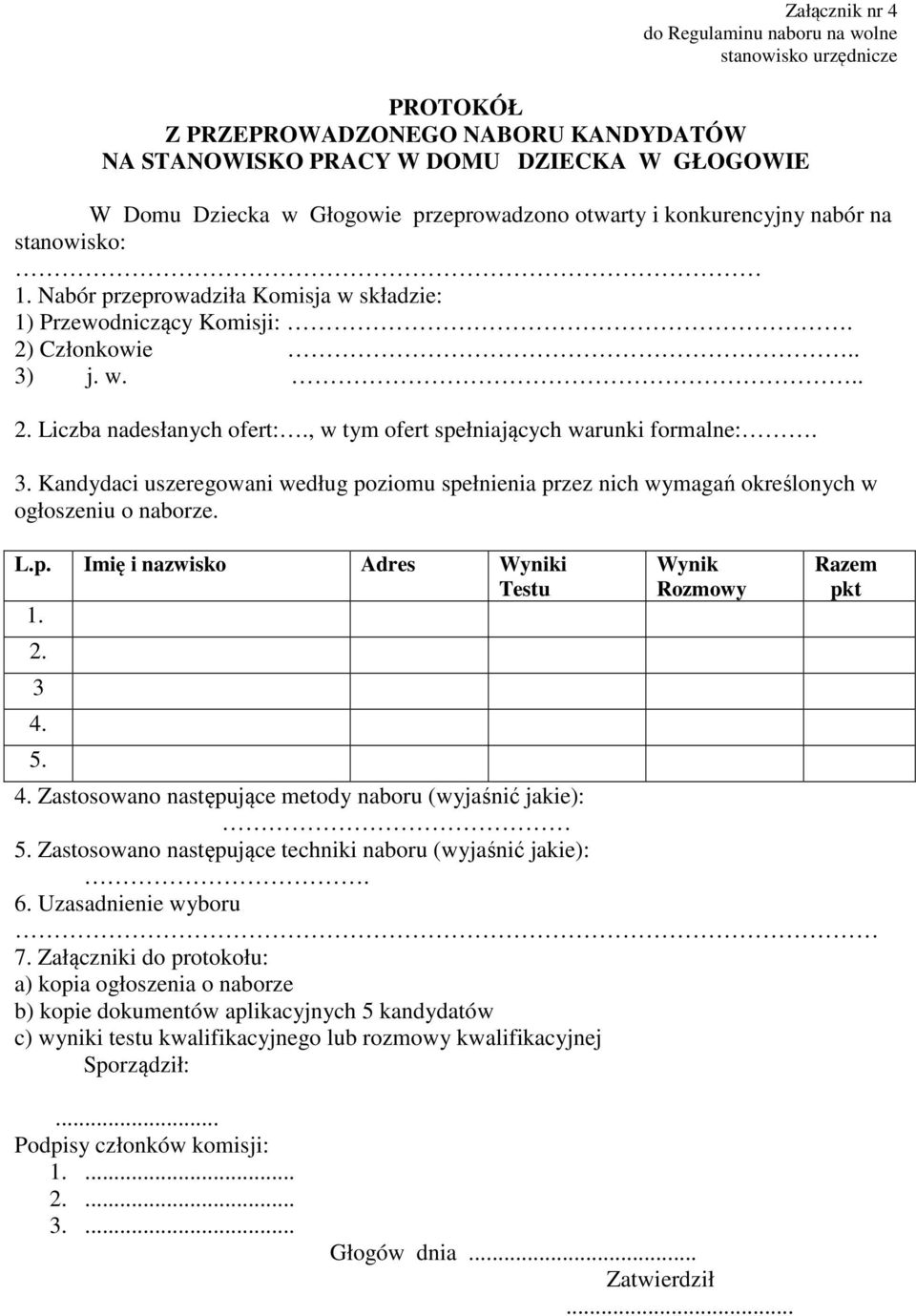 L.p. Imię i nazwisko Adres Wyniki Testu 1. 2. 3 4. 5. Wynik Rozmowy Razem pkt 4. Zastosowano następujące metody naboru (wyjaśnić jakie): 5. Zastosowano następujące techniki naboru (wyjaśnić jakie):.