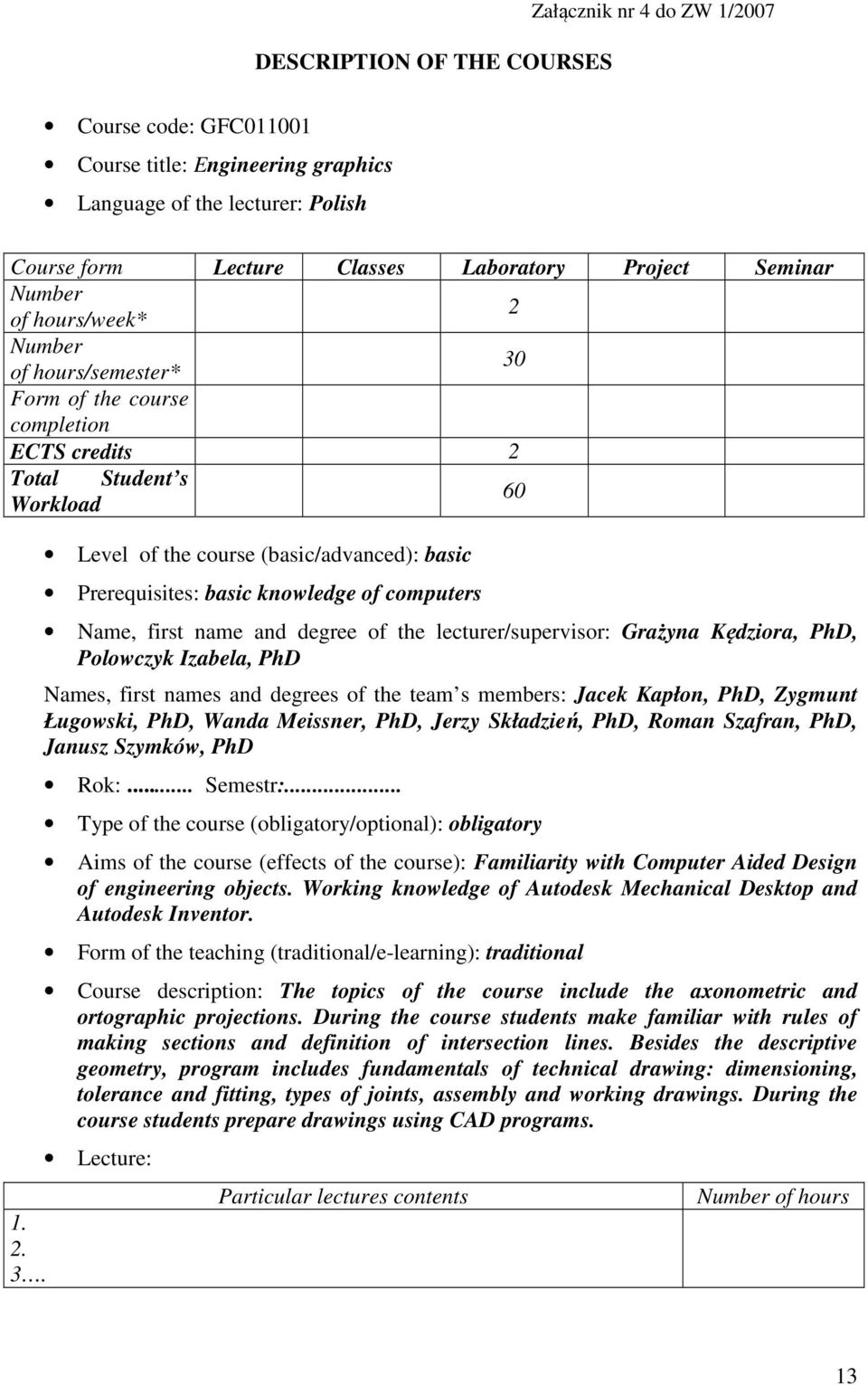 Form of the course completion ECTS credits Total Student s Workload 60 1.. 3.