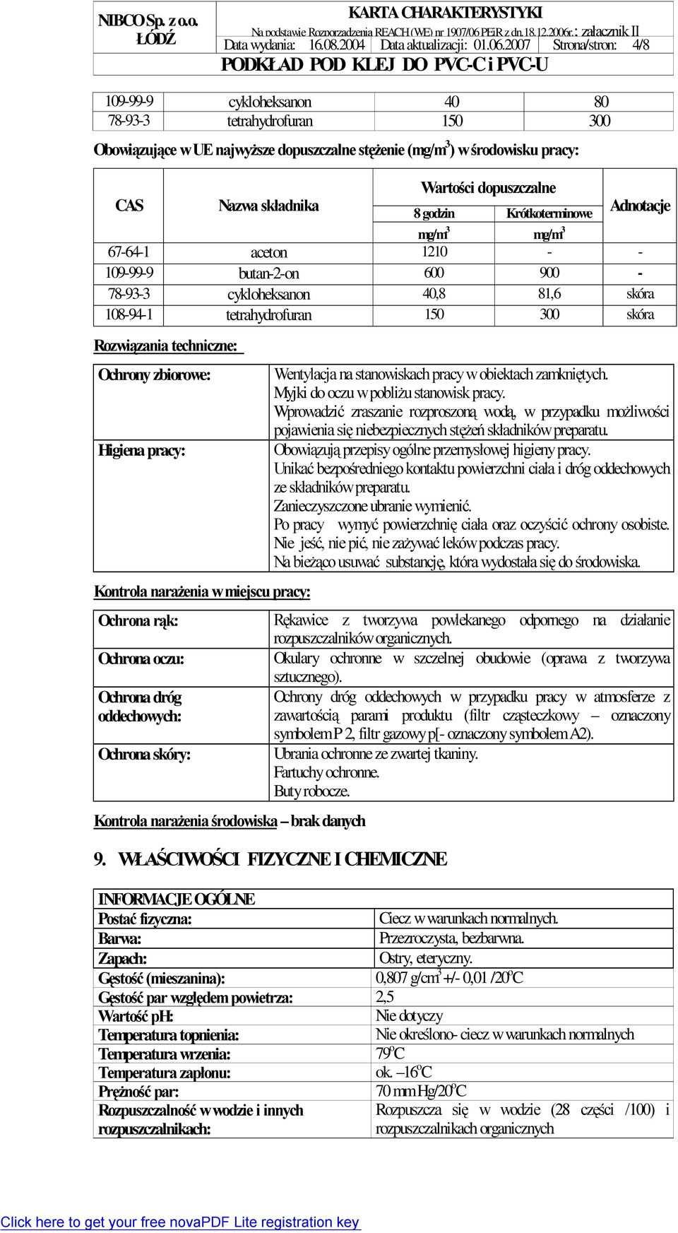 Nazwa składnika 8 godzin Krótkoterminowe mg/m 3 mg/m 3 67-64-1 aceton 1210 - - 109-99-9 butan-2-on 600 900-78-93-3 cykloheksanon 40,8 81,6 skóra 108-94-1 tetrahydrofuran 150 300 skóra Rozwiązania