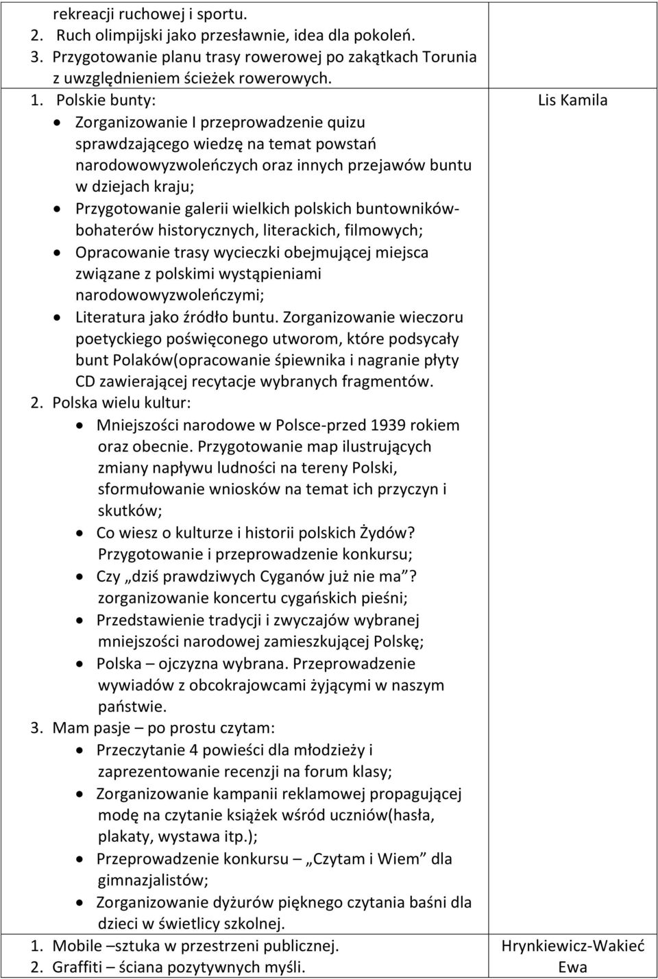 polskich buntownikówbohaterów historycznych, literackich, filmowych; Opracowanie trasy wycieczki obejmującej miejsca związane z polskimi wystąpieniami narodowowyzwoleńczymi; Literatura jako źródło