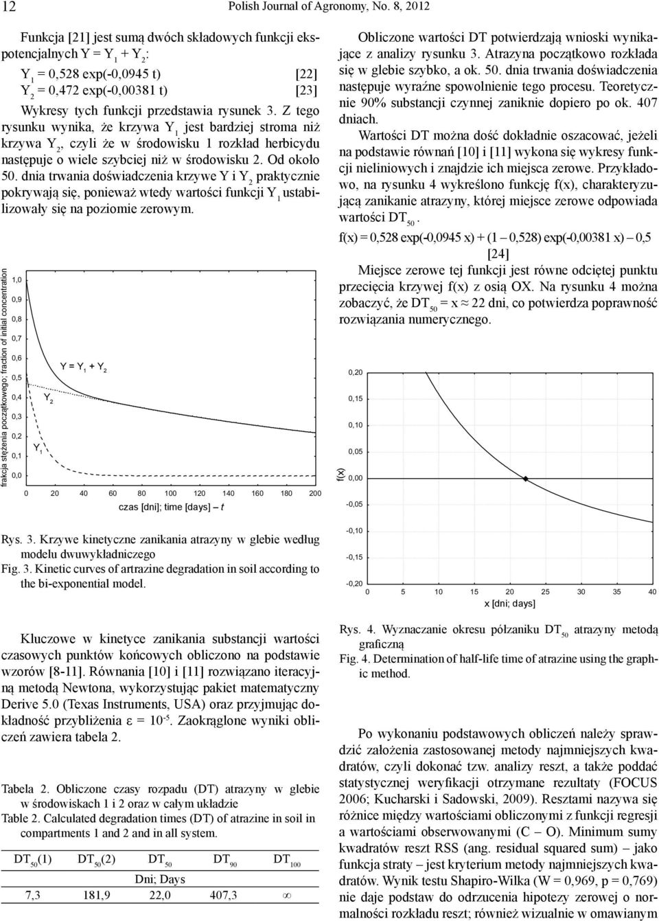 Z tego rysunku wynika, że krzywa Y 1 jest bardziej stroma niż krzywa Y, czyli że w środowisku 1 rozkład herbicydu następuje o wiele szybciej niż w środowisku. Od około 50.