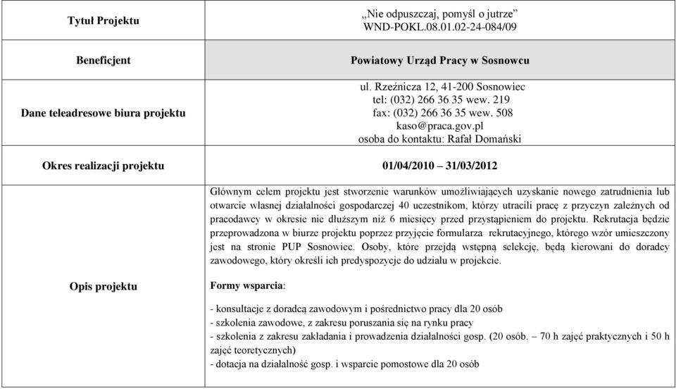 własnej działalności gospodarczej 40 uczestnikom, którzy utracili pracę z przyczyn zależnych od pracodawcy w okresie nie dłuższym niż 6 miesięcy przed przystąpieniem do projektu.