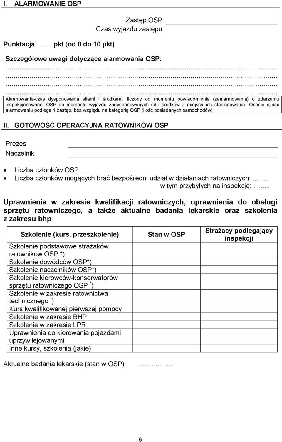 ich stacjonowania. Ocenie czasu alarmowaniu podlega 1 zastęp, bez względu na kategorię OSP (ilość posiadanych samochodów) II. GOTOWOŚĆ OPERACYJNA RATOWNIKÓW OSP Prezes Naczelnik Liczba członków OSP:.