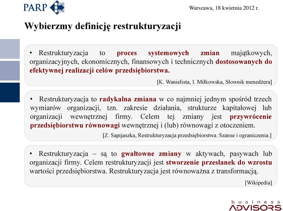 zakresie działania, strukturze kapitałowej lub organizacji wewnętrznej firmy. Celem tej zmiany jest przywrócenie przedsiębiorstwu równowagi wewnętrznej i (lub) równowagi z otoczeniem. [Z.