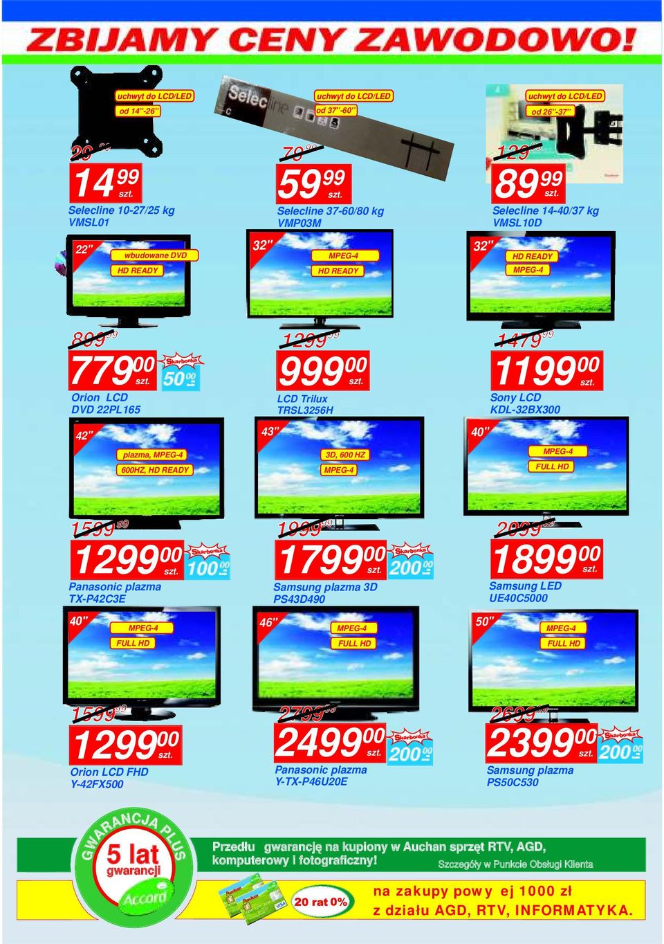 TRSL3256H 3D, 6 HZ 40" 1479 11 Sony LCD KDL-32BX3 FULL HD 15 12 Pasonic plazma TX-P42C3E 40" FULL HD 1 46" 19 17 Samsung plazma 3D PS43D490 FULL HD 2 50" 20 18 Samsung