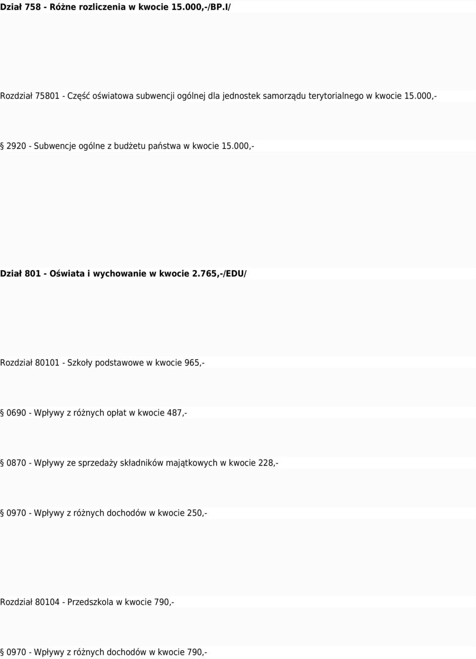 000,- 2920 - Subwencje ogólne z budżetu państwa w kwocie 15.000,- Dział 801 - Oświata i wychowanie w kwocie 2.
