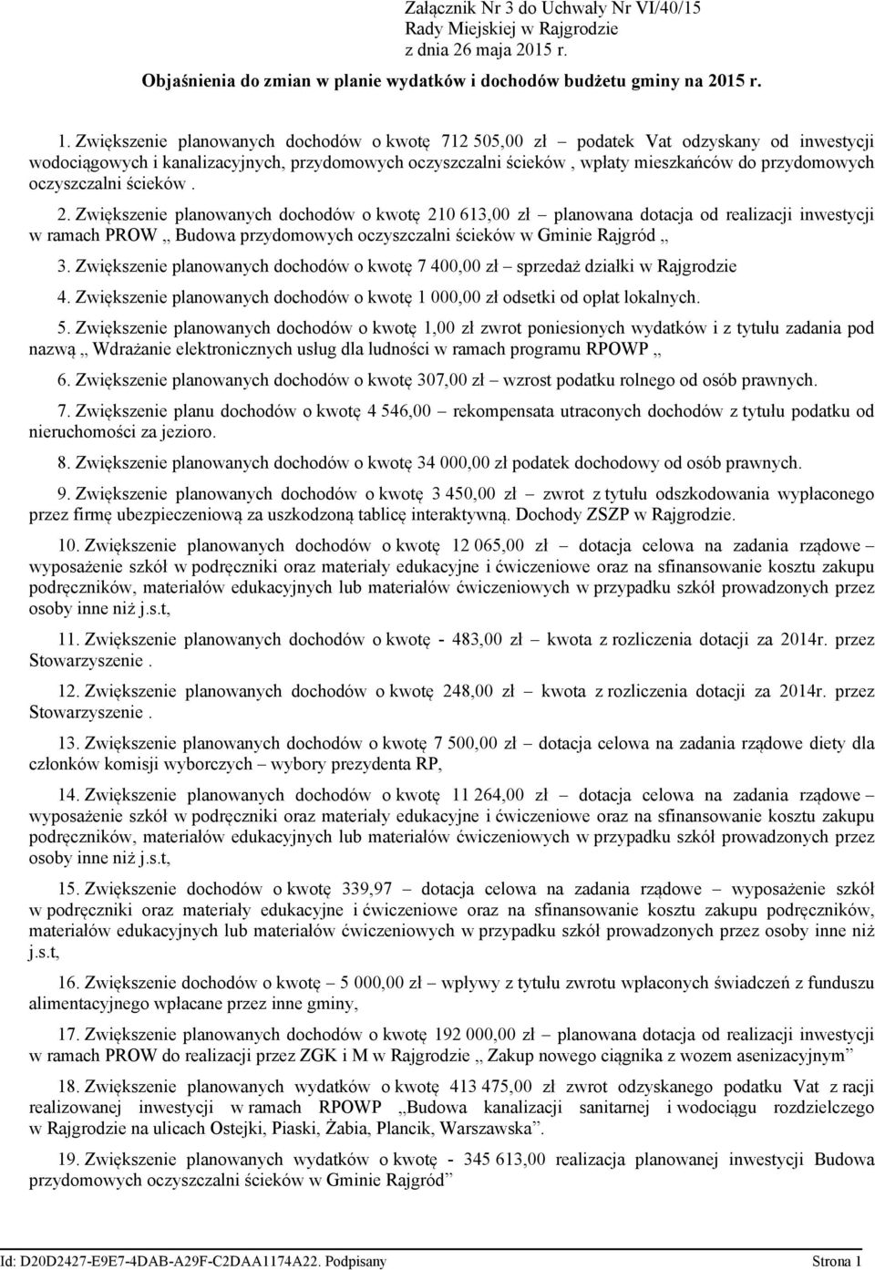 oczyszczalni ścieków. 2. Zwiększenie planowanych dochodów o kwotę 210 613,00 zł planowana dotacja od realizacji inwestycji w ramach PROW Budowa przydomowych oczyszczalni ścieków w Gminie Rajgród 3.