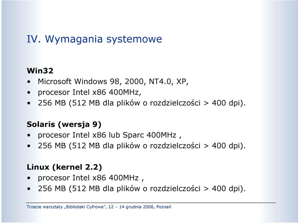 Solaris (wersja 9) procesor Intel x86 lub Sparc 400MHz, 256 MB (512 MB dla plików o