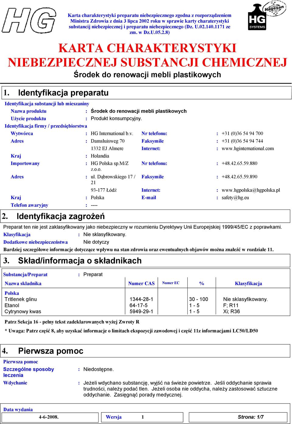 Dąbrowskiego 17 / 21 Kraj 93-177 Łódź Telefon awaryjny ---- Karta charakterystyki preparatu niebezpiecznego zgodna z rozporządzeniem Identyfikacja zagrożeń Klasyfikacja Nie sklasyfikowany.