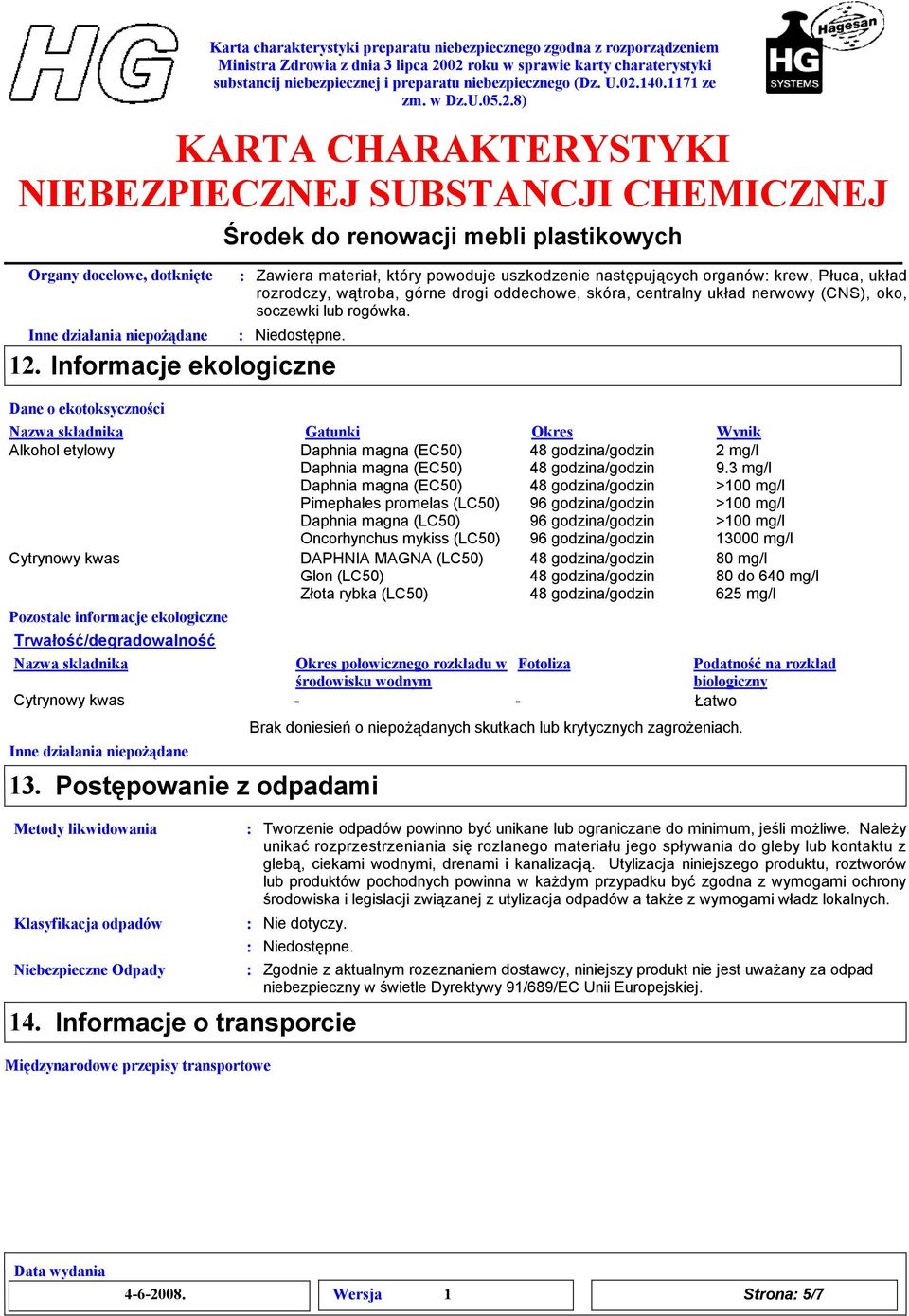 Informacje ekologiczne Dane o ekotoksyczności Alkohol etylowy Cytrynowy kwas Pozostałe informacje ekologiczne Trwałość/degradowalność Inne działania niepożądane Gatunki Okres Wynik Daphnia magna