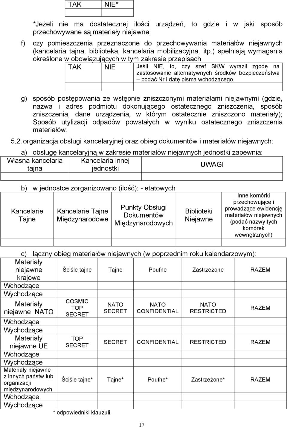 ) spełniają wymagania określone w obowiązujących w tym zakresie przepisach TAK NIE Jeśli NIE, to, czy szef SKW wyraził zgodę na zastosowanie alternatywnych środków bezpieczeństwa podać Nr i datę