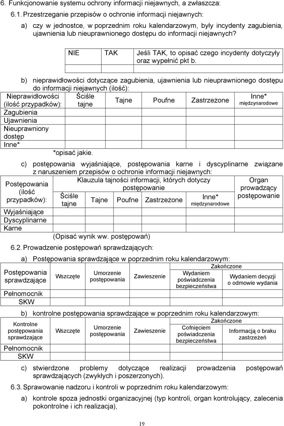 niejawnych? NIE TAK Jeśli TAK, to opisać czego incydenty dotyczyły oraz wypełnić pkt b.