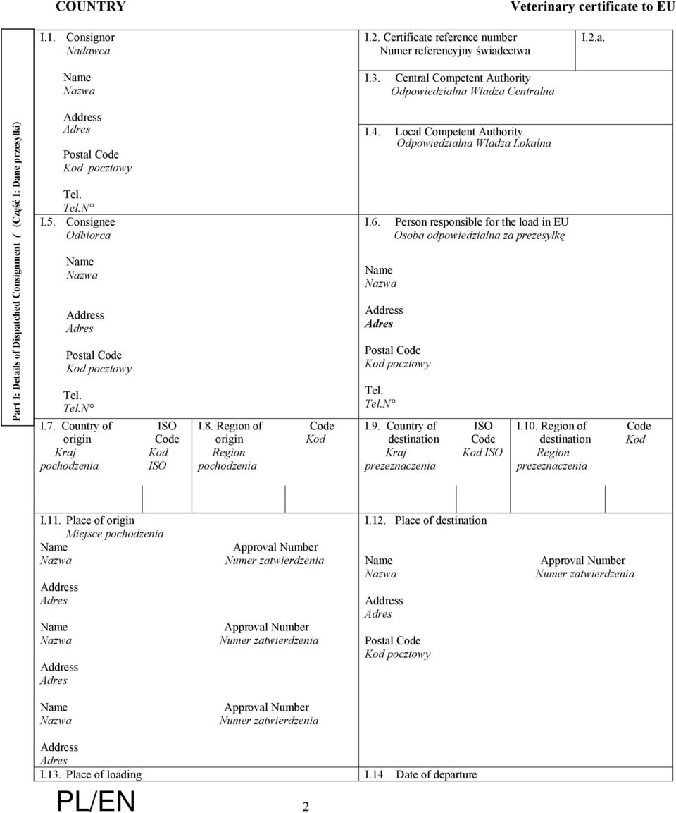 Consignee Odbiorca Postal Code Kod pocztowy Tel. Tel.N I.7. Country of origin Kraj pochodzenia ISO Code Kod ISO I.8. Region of origin Region pochodzenia Code Kod I.4. I.6.
