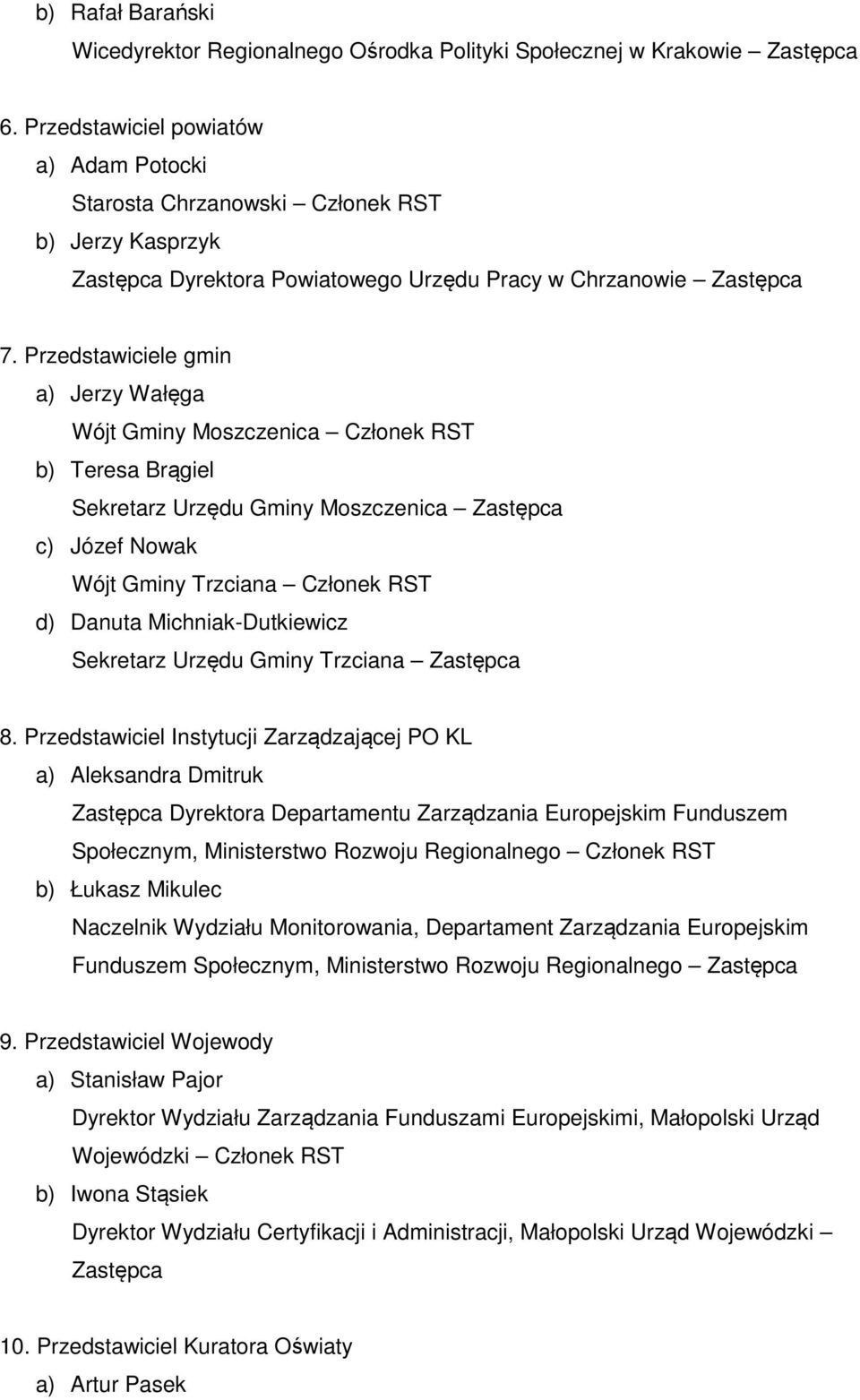 Przedstawiciele gmin a) Jerzy Wałęga Wójt Gminy Moszczenica b) Teresa Brągiel Sekretarz Urzędu Gminy Moszczenica Zastępca c) Józef Nowak Wójt Gminy Trzciana d) Danuta Michniak-Dutkiewicz Sekretarz