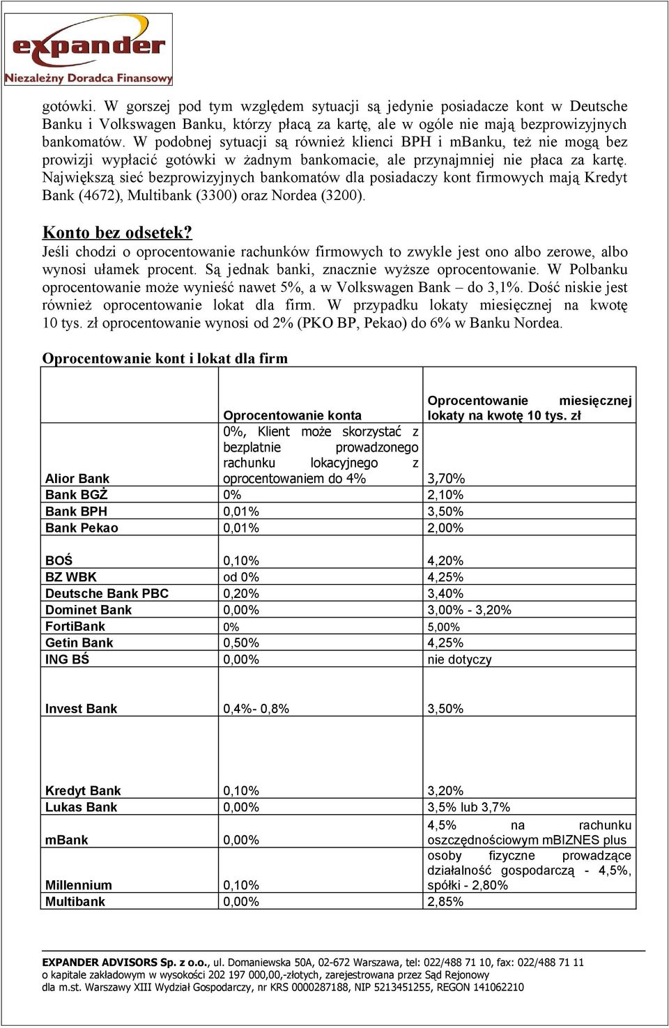 Największą sieć bezprowizyjnych bankomatów dla posiadaczy kont firmowych mają Kredyt Bank (4672), Multibank (3300) oraz Nordea (3200). Konto bez odsetek?