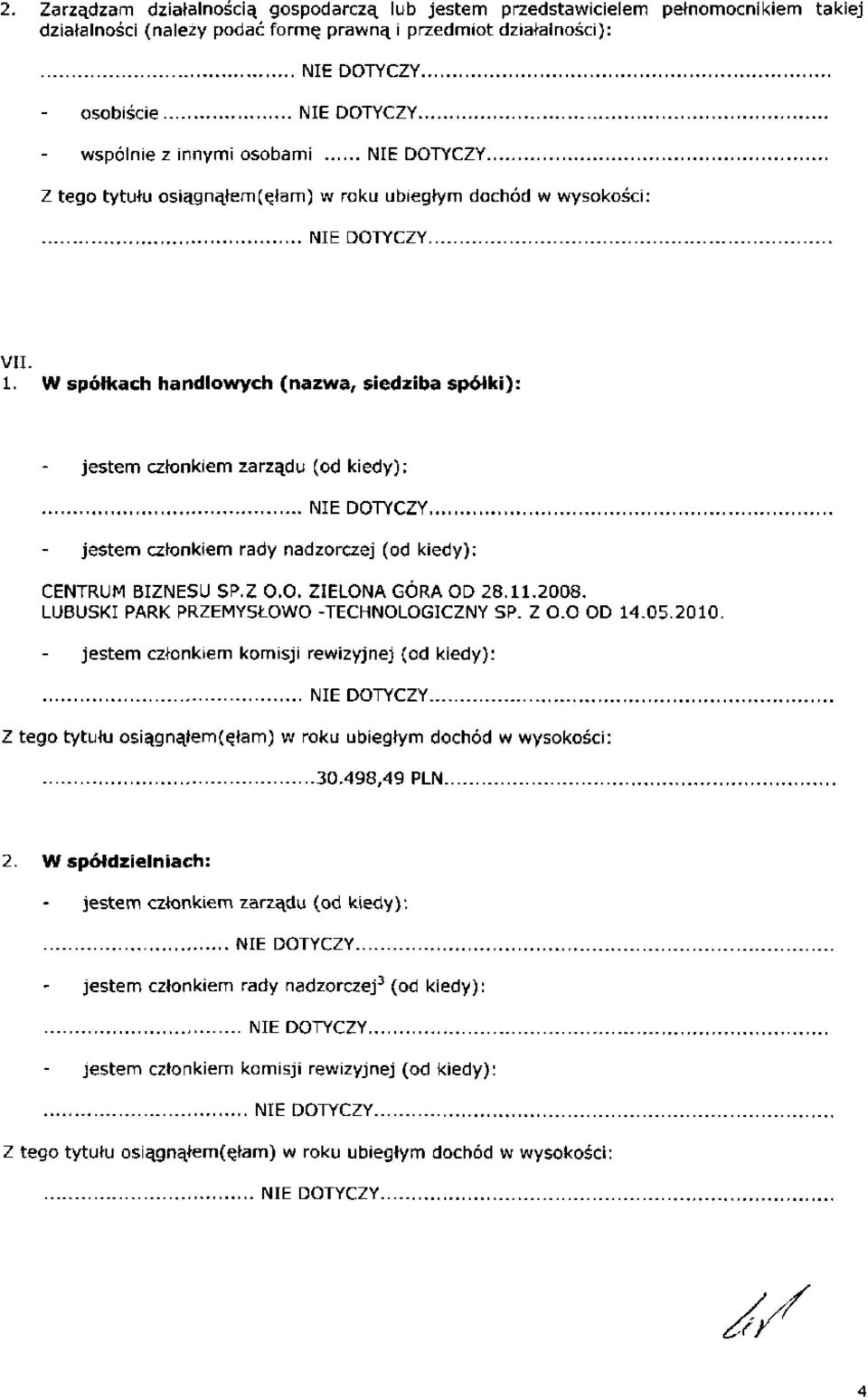 W spółkach handlowych (nazwa, siedziba spółki): jestem członkiem zarządu (od kiedy): jestem członkiem rady nadzorczej (od kiedy): CENTRUM BIZNESU SP.Z O.