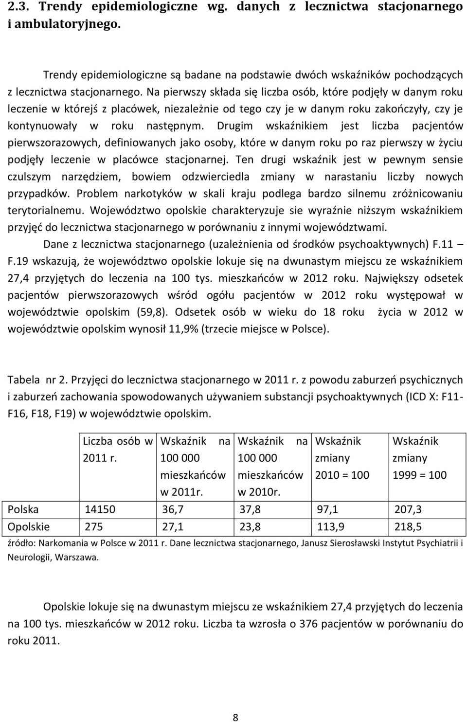 Drugim wskaźnikiem jest liczba pacjentów pierwszorazowych, definiowanych jako osoby, które w danym roku po raz pierwszy w życiu podjęły leczenie w placówce stacjonarnej.