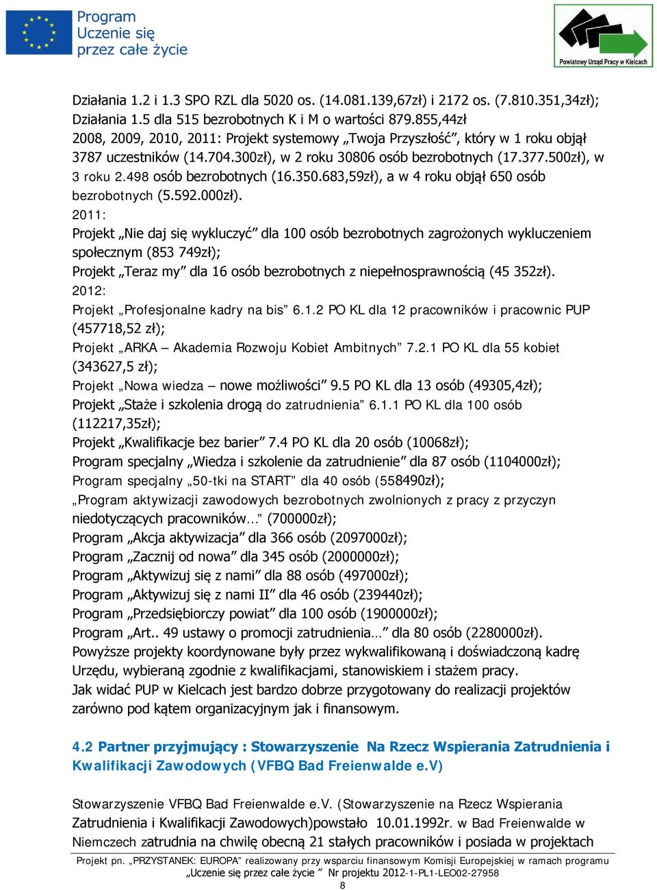 498 osób bezrobotnych (16.350.683,59zł), a w 4 roku objął 650 osób bezrobotnych (5.592.000zł).