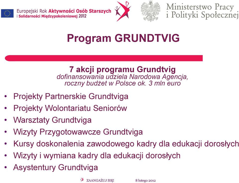 3 mln euro Projekty Partnerskie Grundtviga Projekty Wolontariatu Seniorów Warsztaty