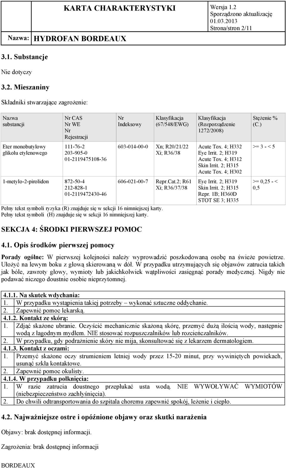 Mieszaniny Składniki stwarzające zagrożenie: Nazwa substancji Eter monobutylowy glikolu etylenowego Nr CAS Nr WE Nr Rejestracji 111-76-2 203-905-0 01-2119475108-36 1-metylo-2-pirolidon 872-50-4