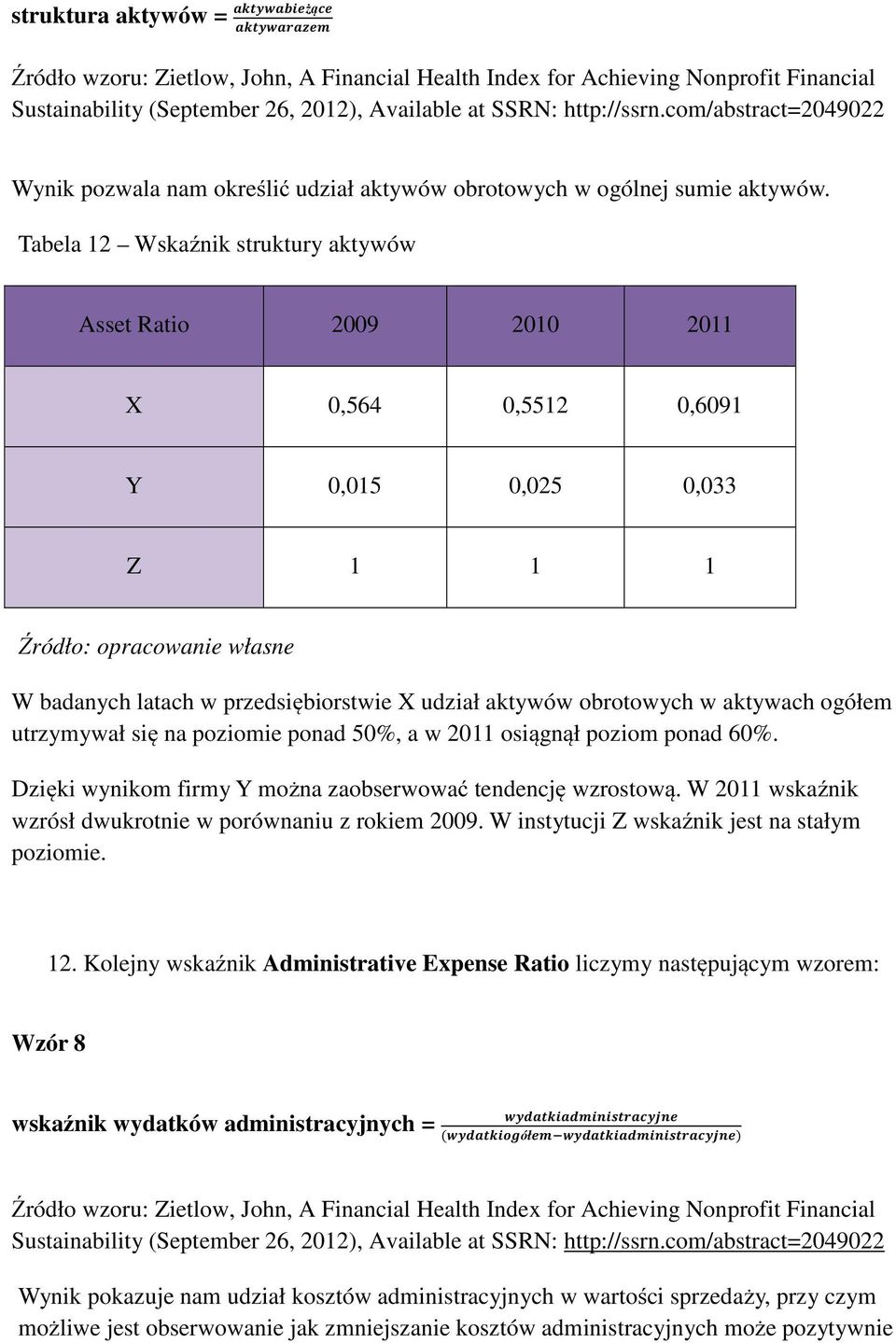 utrzymywał się na poziomie ponad 50%, a w 2011 osiągnął poziom ponad 60%. Dzięki wynikom firmy Y można zaobserwować tendencję wzrostową. W 2011 wskaźnik wzrósł dwukrotnie w porównaniu z rokiem 2009.