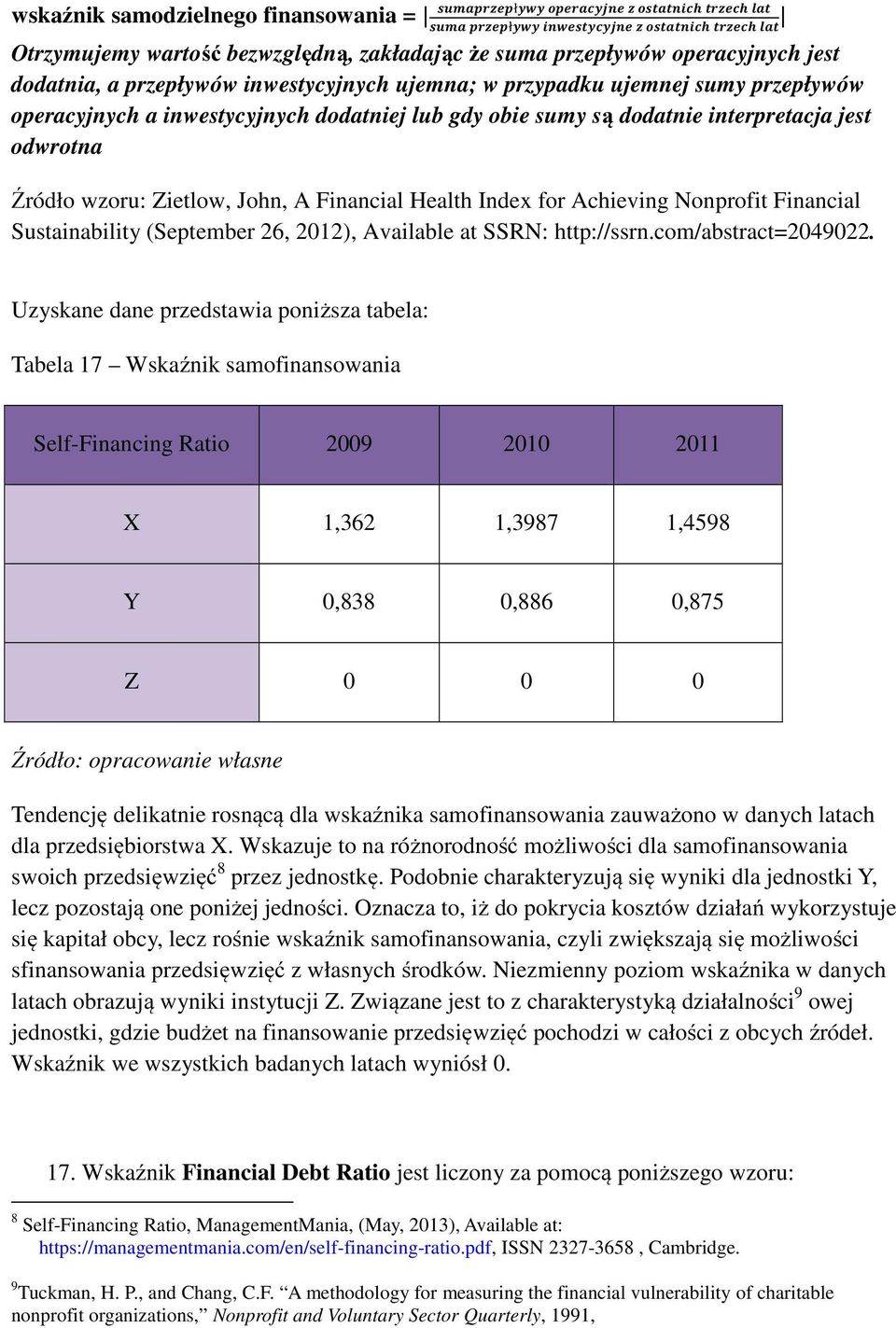 Uzyskane dane przedstawia poniższa tabela: Tabela 17 Wskaźnik samofinansowania Self-Financing Ratio 2009 2010 2011 X 1,362 1,3987 1,4598 Y 0,838 0,886 0,875 Z 0 0 0 Tendencję delikatnie rosnącą dla