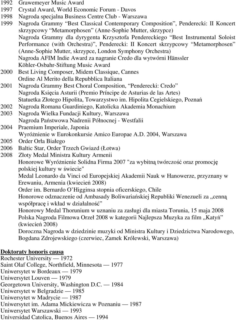 Penderecki: II Koncert skrzypcowy Metamorphosen (Anne-Sophie Mutter, skrzypce, London Symphony Orchestra) Nagroda AFIM Indie Award za nagranie Credo dla wytwórni Hänssler Köhler-Osbahr-Stiftung Music