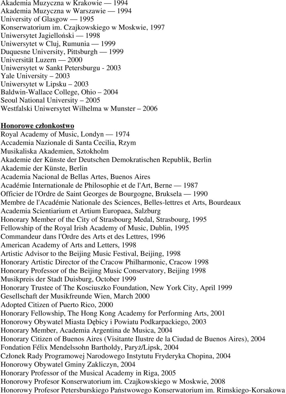 University 2003 Uniwersytet w Lipsku 2003 Baldwin-Wallace College, Ohio 2004 Seoul National University 2005 Westfalski Uniwersytet Wilhelma w Munster 2006 Honorowe członkostwo Royal Academy of Music,