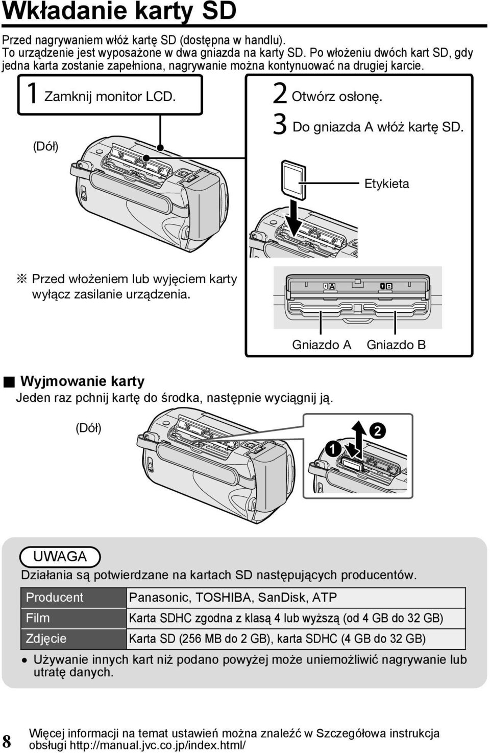 Etykieta Przed włożeniem lub wyjęciem karty wyłącz zasilanie urządzenia.. Gniazdo A Gniazdo B Wyjmowanie karty Jeden raz pchnij kartę do środka, następnie wyciągnij ją.
