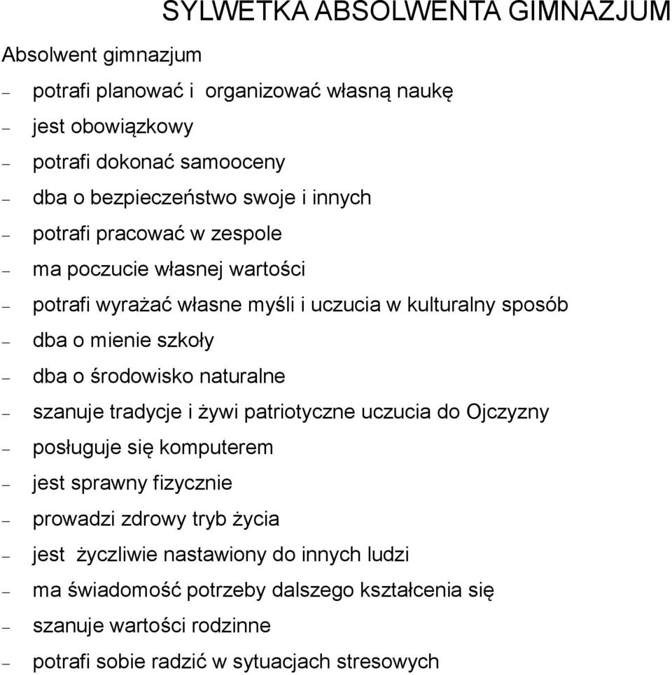 mienie szkoły dba o środowisko naturalne szanuje tradycje i żywi patriotyczne uczucia do Ojczyzny posługuje się komputerem jest sprawny fizycznie prowadzi