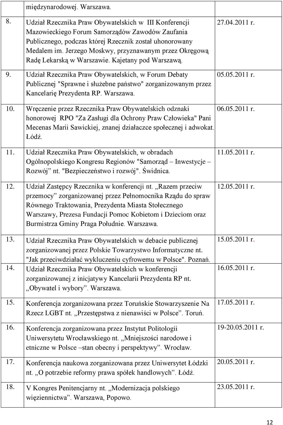 Udział Rzecznika Praw Obywatelskich, w Forum Debaty Publicznej "Sprawne i służebne państwo" zorganizowanym przez Kancelarię Prezydenta RP. Warszawa. 27.04.2011 r. 05.05.2011 r. 10.