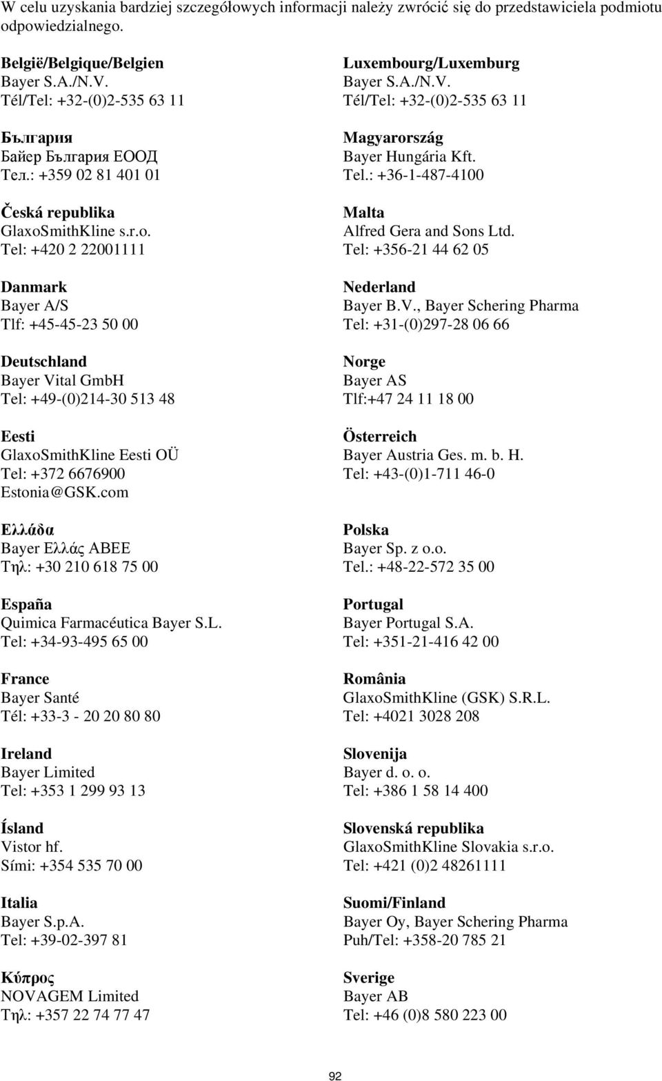 mithKline s.r.o. Tel: +420 2 22001111 Danmark Bayer A/S Tlf: +45-45-23 50 00 Deutschland Bayer Vital GmbH Tel: +49-(0)214-30 513 48 Eesti GlaxoSmithKline Eesti OÜ Tel: +372 6676900 Estonia@GSK.