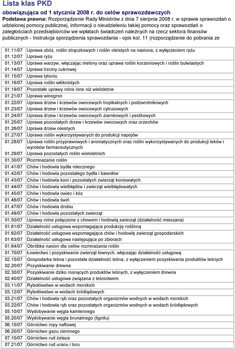 publicznych - Instrukcja sporządzenia sprawozdania - opis kol. 11 (rozporządzenie do pobrania ze 01.11/07 Uprawa zbóż, roślin strączkowych i roślin oleistych na nasiona, z wyłączeniem ryżu 01.