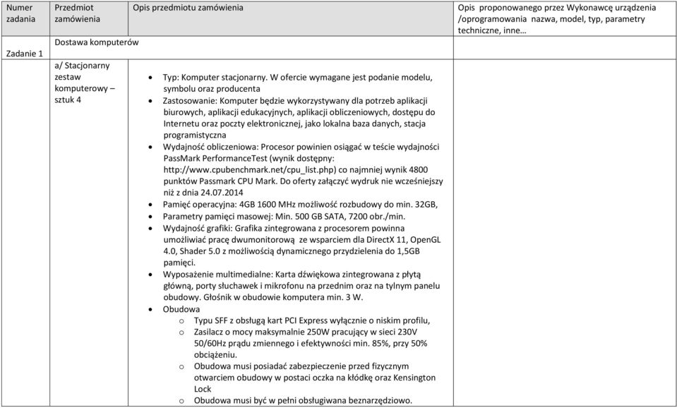 raz pczty elektrnicznej, jak lkalna baza danych, stacja prgramistyczna Wydajnść bliczeniwa: Prcesr pwinien siągać w teście wydajnści PassMark PerfrmanceTest (wynik dstępny: http://www.cpubenchmark.