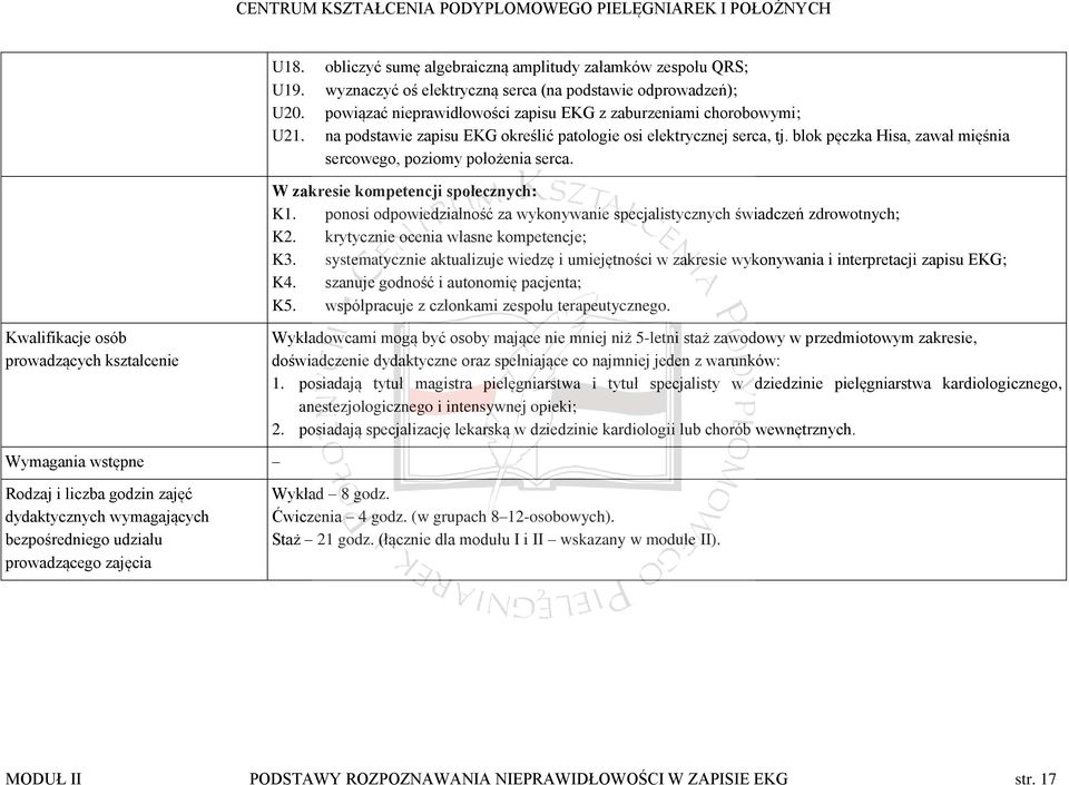 blok pęczka Hisa, zawał mięśnia sercowego, poziomy położenia serca. W zakresie kompetencji społecznych: K1. ponosi odpowiedzialność za wykonywanie specjalistycznych świadczeń zdrowotnych; K2.