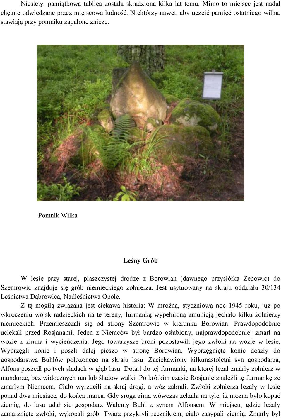 Pomnik Wilka Leśny Grób W lesie przy starej, piaszczystej drodze z Borowian (dawnego przysiółka Zębowic) do Szemrowic znajduje się grób niemieckiego żołnierza.