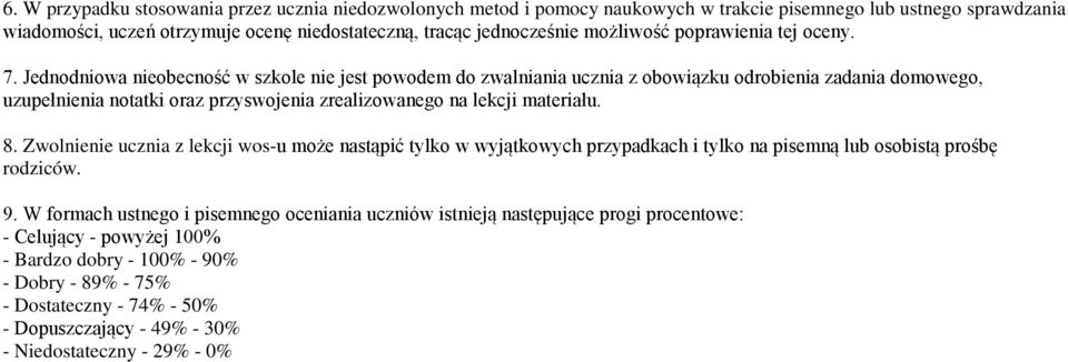 Jednodniowa nieobecność w szkole nie jest powodem do zwalniania ucznia z obowiązku odrobienia zadania domowego, uzupełnienia notatki oraz przyswojenia zrealizowanego na lekcji materiału. 8.