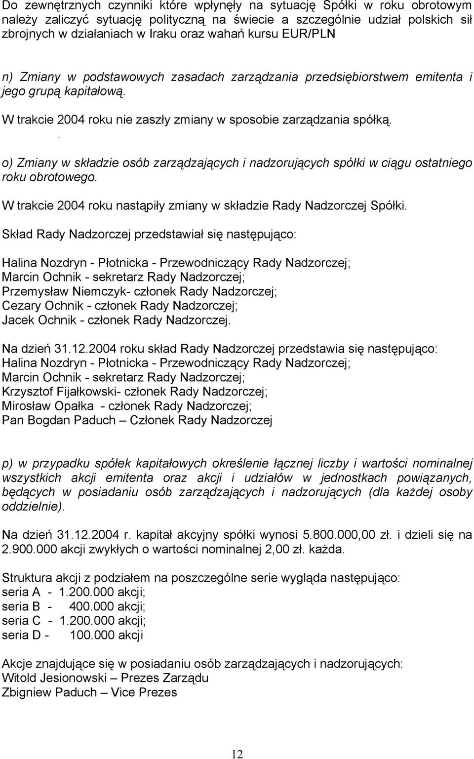 . o) Zmiany w składzie osób zarządzających i nadzorujących spółki w ciągu ostatniego roku obrotowego. W trakcie 2004 roku nastąpiły zmiany w składzie Rady Nadzorczej Spółki.