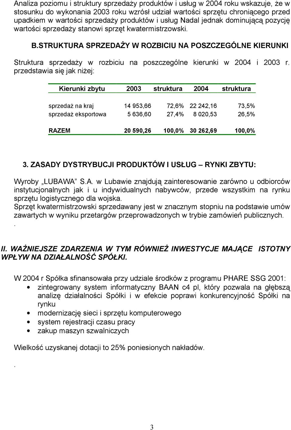 STRUKTURA SPRZEDAŻY W ROZBICIU NA POSZCZEGÓLNE KIERUNKI Struktura sprzedaży w rozbiciu na poszczególne kierunki w 2004 i 2003 r.