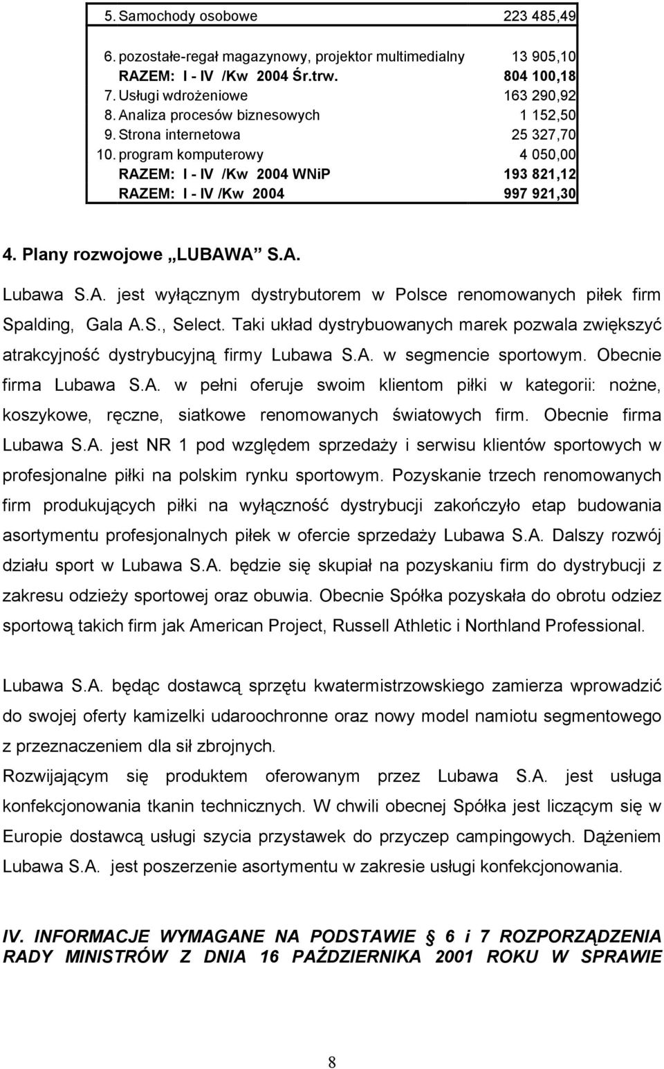 Plany rozwojowe LUBAWA S.A. Lubawa S.A. jest wyłącznym dystrybutorem w Polsce renomowanych piłek firm Spalding, Gala A.S., Select.