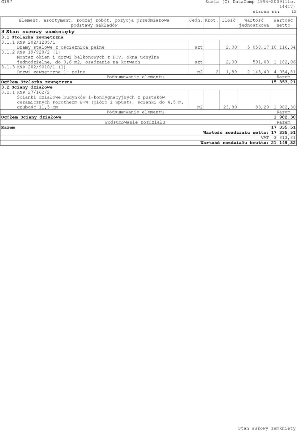 2 Sciany działowe 3.2.1 KNR 27/162/2 Ścianki działowe budynków 1-kondygnacyjnych z pustaków ceramicznych Porotherm P+W (pióro i wpust), ścianki do 4,5 m, grubość 11,5 cm m2 23,80 83,29 1 982,30