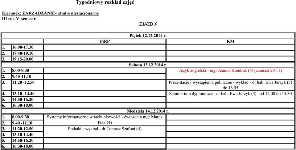 Ewa Jerzyk (3) do 13.55 Seminarium dyplomowe - dr hab. Ewa Jerzyk (3) od 14.00 do 15.30 Niedziela 14.