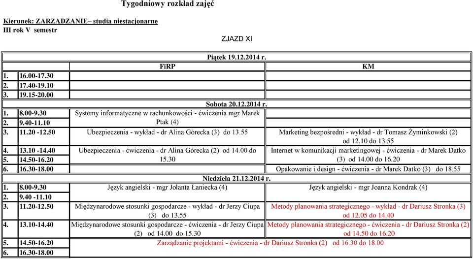 00 do Internet w komunikacji marketingowej - ćwiczenia - dr Marek Datko 15.30 (3) od 14.00 do 16.20 Opakowanie i design - ćwiczenia - dr Marek Datko (3) do 18.55 Niedziela 21.12.2014 r.