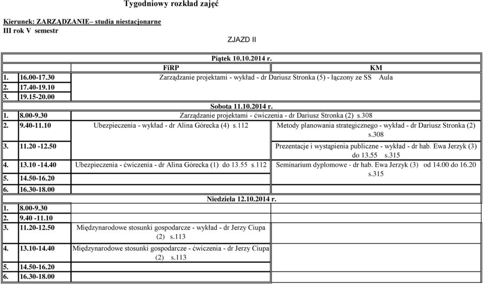 50 Prezentacje i wystąpienia publiczne - wykład - dr hab. Ewa Jerzyk (3) do 13.55 s.315 Ubezpieczenia - ćwiczenia - dr Alina Górecka (1) do 13.55 s.112 Seminarium dyplomowe - dr hab.