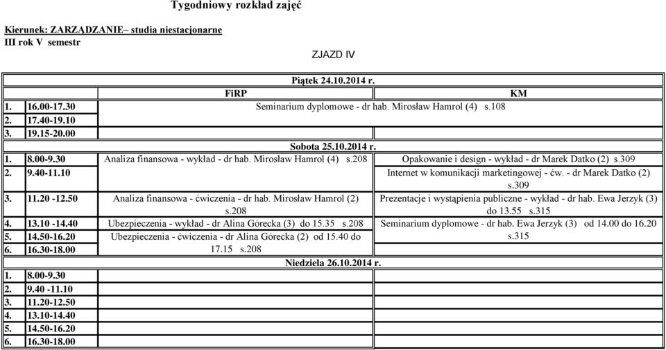 208 Prezentacje i wystąpienia publiczne - wykład - dr hab. Ewa Jerzyk (3) do 13.55 s.315 Ubezpieczenia - wykład - dr Alina Górecka (3) do 15.35 s.