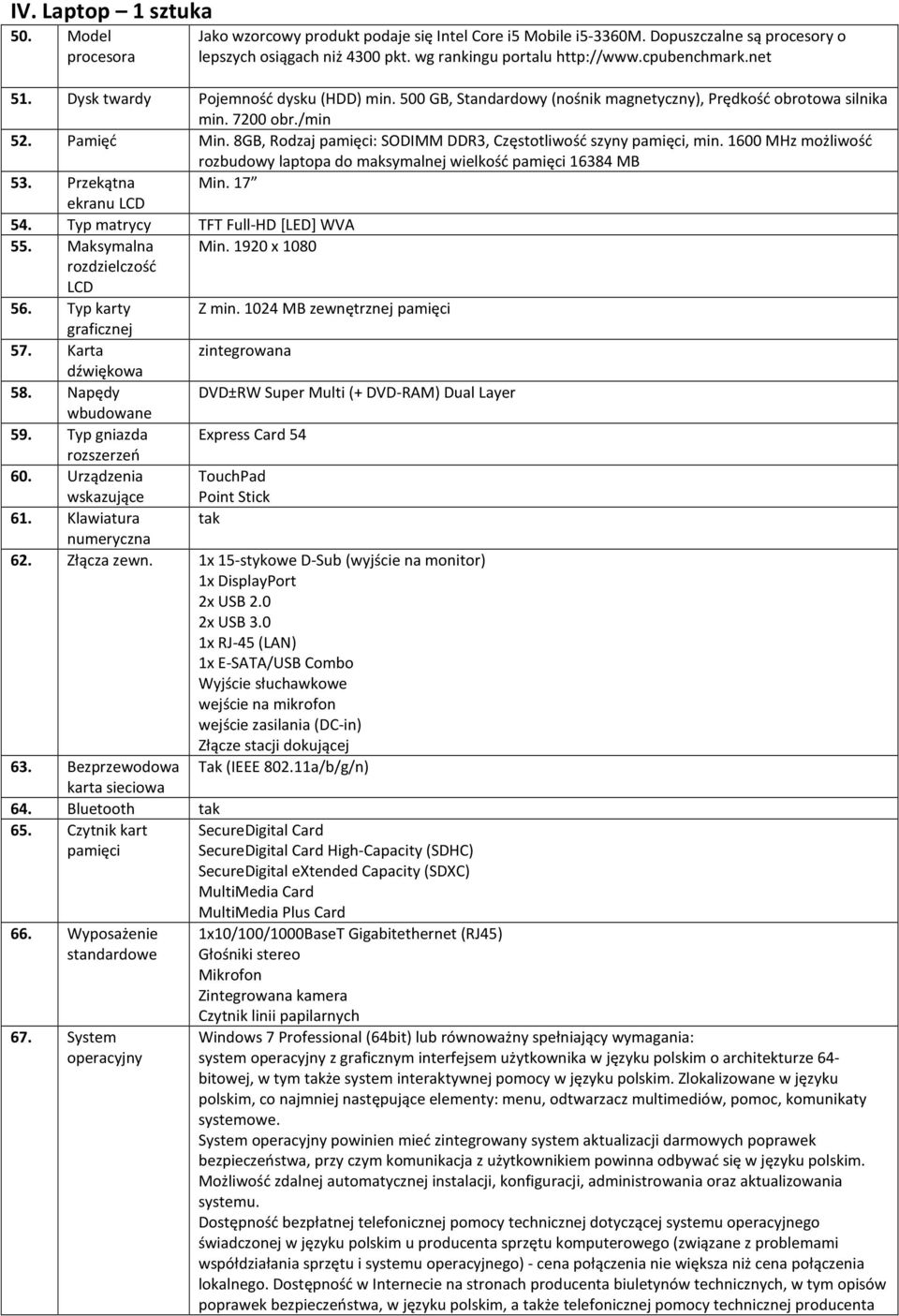 8GB, Rodzaj : SODIMM DDR3, Częstotliwość szyny, min. 1600 MHz możliwość rozbudowy laptopa do maksymalnej wielkość 16384 MB 53. Przekątna Min. 17 ekranu LCD 54. Typ matrycy TFT Full-HD [LED] WVA 55.
